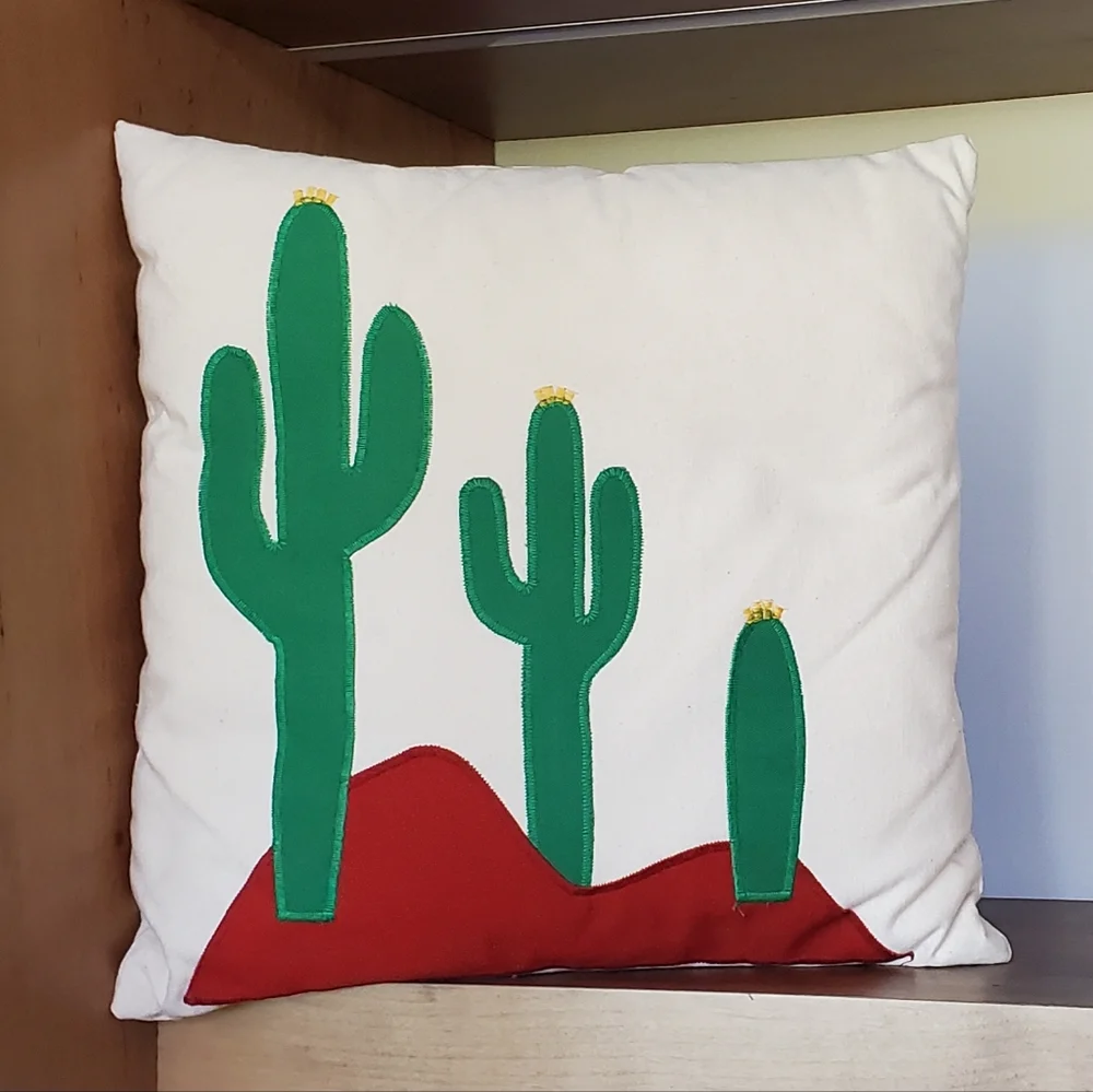 Cotton Canvas Southwest Desert Cactus Embroidered Pillow, 13.5